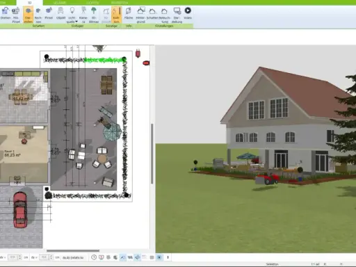 Ein Haus mit Garten und einer überdachten Veranda, die als gemütlicher Sitzbereich gestaltet ist.