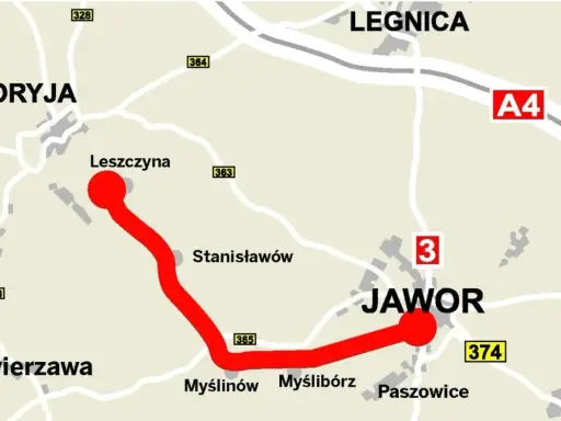 Mapa z zaznaczonym czerwonym szlakiem wygasłych wulkanów, łączącym Leszczynę z Jaworem. Widać też Legnicę i Złotoryję.