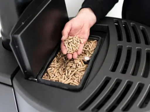 Mano sosteniendo **que es el pellet**, combustible para estufas, listo para ser añadido.
