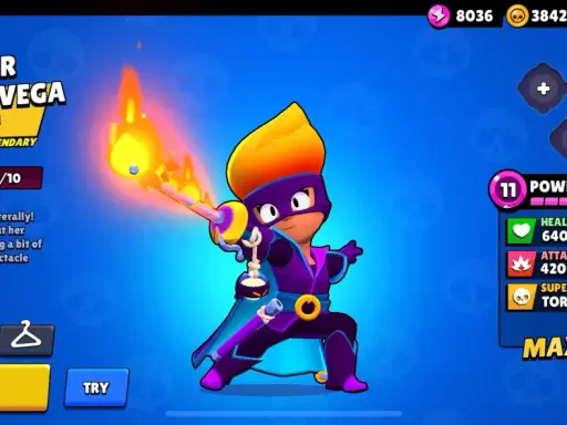 Amber De La Vega, postać z gry Brawl Stars, w stroju kontrolera z płonącym mieczem.