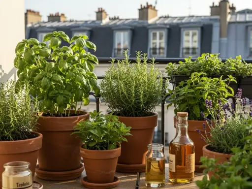 Un balcon parisien baigné de soleil, avec une variété de **plante aromatique plein soleil** : basilic, romarin, menthe, lavande. Huiles essentielles prêtes à l'emploi.
