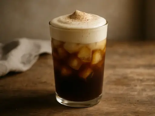 Erfrischender kalter Cappuccino mit cremigem Schaum und Eiswürfeln. Ein tolles Rezept für heiße Tage.