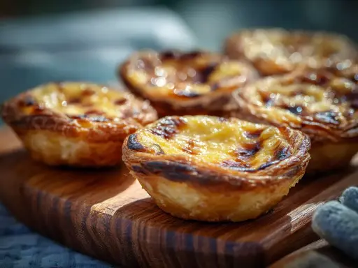 Fluffiga, gyllene pastel de nata på en träskärbräda. Krispiga kanter och krämig fyllning.