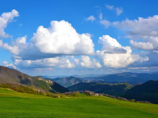 Colli bolognesi cosa vedere: verdi colline, case sparse e un cielo azzurro con nuvole bianche.