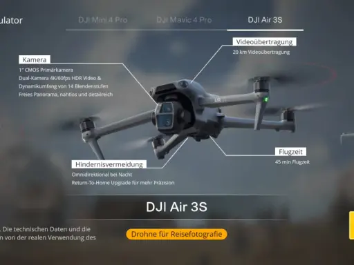 DJI Flugsimulator mit DJI Air 3S, Kamera- und Flugzeitdetails. Üben Sie mit der dji virtual flight app.