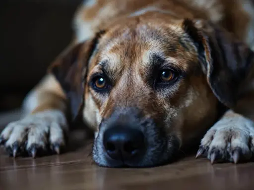 Gros plan sur un chien désorienté la nuit, le regard perdu dans le vide, couché sur le sol en bois.