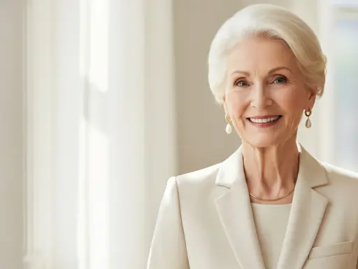 Eleganza senza tempo: come vestirsi a 70 anni e più con stile. Una donna sorride, indossa un tailleur chiaro e perle.