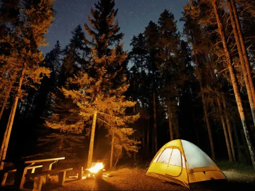 Nocne pole namiotowe nad jeziorem. Rozświetlony namiot, ognisko i ławka wśród drzew pod rozgwieżdżonym niebem.