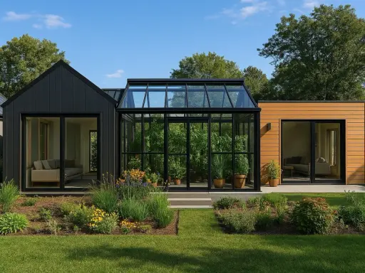 Une maison nature moderne avec une serre vitrée luxuriante, entourée de verdure et de fleurs.