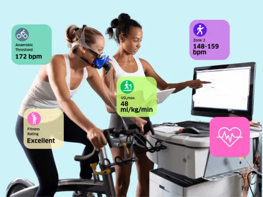 Frau auf Ergometer mit Maske, Trainer überwacht Werte wie VO2max (48 ml/kg/min) und anaeroben Schwellenwert (172 bpm).