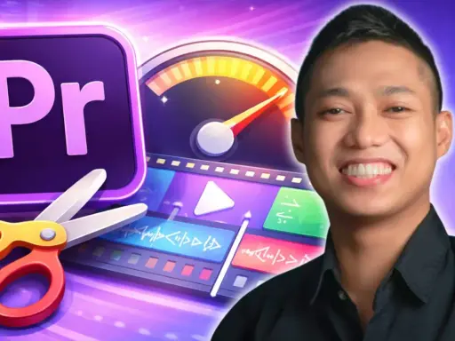 Joven sonriente junto a íconos de edición de video: tijeras, logo de Premiere y una línea de tiempo. ¡El futuro de la premiere IA!