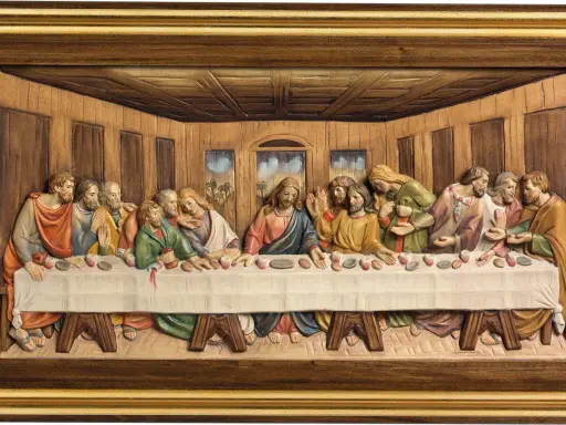 Relief sculpté de la Cène, montrant Jésus et ses disciples autour d'une longue table. Les personnages sont représentés avec des expressions variées.