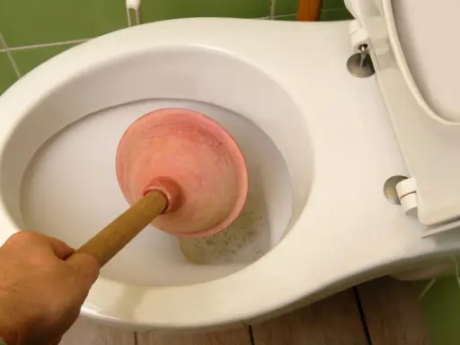 Main tenant utilise une ventouse pour déboucher le WC.