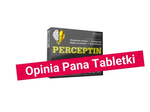 Opakowanie suplementu Perceptin, który ma poprawić co na pamięć, koncentrację i inteligencję. Czerwony pasek z napisem "Opinia Pana Tabletki".