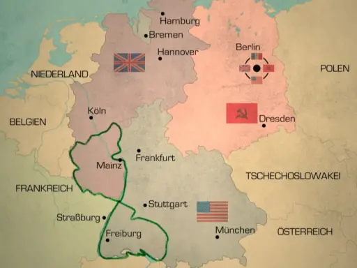 Karte zeigt die Besatzungszonen Deutschlands nach dem Zweiten Weltkrieg. Berlin ist geteilt.