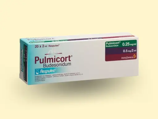 Opakowanie leku Pulmicort, zawierającego budesonid, stosowanego w leczeniu astmy. Dostępny w dawkach 0.25 mg/ml i 0.5 mg/2 ml.