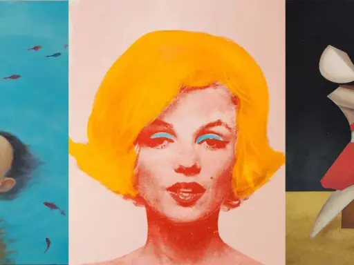 Three distinct artworks showcase figurative art: a child looking up at fish in blue water, a vibrant pop art portrait of Marilyn Monroe, and abstract dancers.