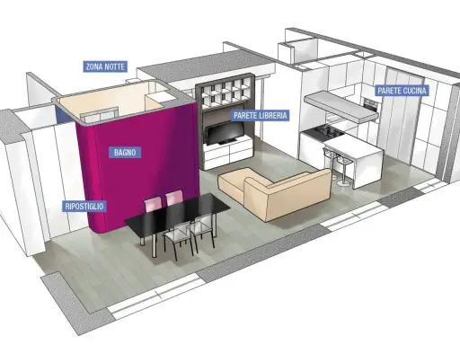 Progetto per come dividere casa 100 mq: zona giorno open space con cucina a vista, zona notte separata, bagno e ripostiglio.