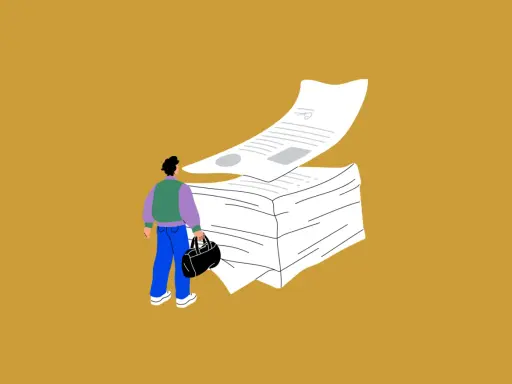 Hombre con bolso mira un gran montón de papeles, quizás el documento de reserva de vivienda.