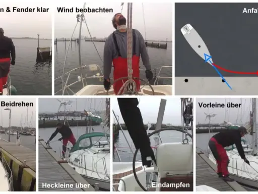 Segelbootmanöver: Leinen klar, Wind beobachten, Beidrehen, Heckleine über, Vorleine über, Eindampfen. Die Bilder zeigen das sichere Manövrieren eines Segelboots.