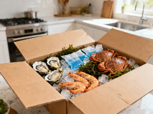 Boîte de fruits de mer frais : huîtres, crevettes et crabes, prêts pour un festin digne d'un restaurant de fruits de mer à Tours.