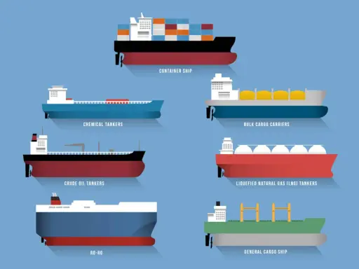 Illustration de différents types de bateau : porte-conteneurs, chimiquiers, vraquiers, pétroliers, méthaniers et cargo polyvalent.