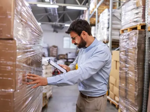 Pracownik magazynu prowadzi inwentaryzację wyposażenia, skanując kod kreskowy na paczce za pomocą tabletu.
