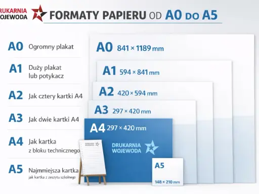 Porównanie formatów papieru od A0 do A5. Wymiary a, A1, A2, A3, A4, A5.