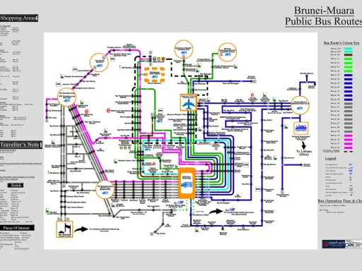 Mapa publicznych tras autobusowych Brunei-Muara z zaznaczonymi punktami, sklepami i hotelami.
