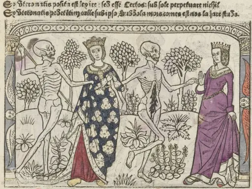 Obraz danse macabre: szkielety wiodą do tańca królową i damę, przypominając o nieuchronności śmierci.