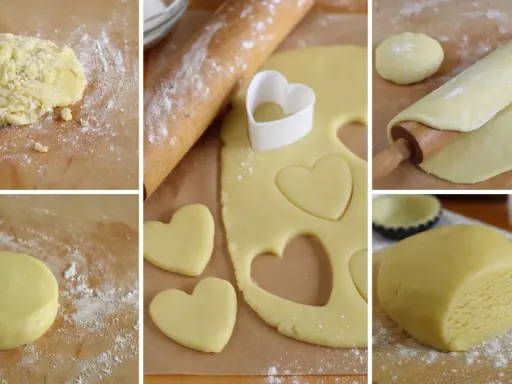 Preparazione di biscotti pasta frolla a forma di cuore. L'impasto viene steso e tagliato con un coppapasta.