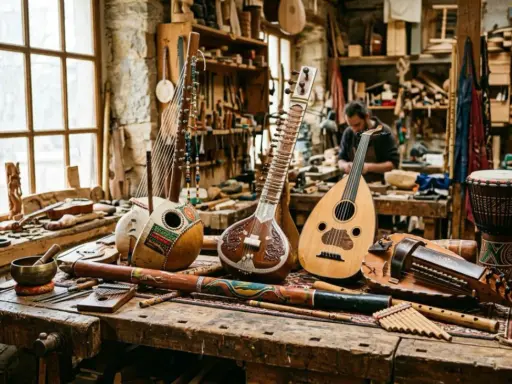 Atelier de lutherie avec un luth, un sitar et d'autres instruments de musique asie. Un artisan travaille en arrière-plan.