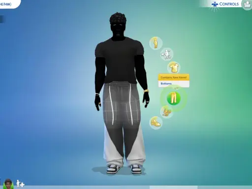 Tworzenie postaci w grze The Sims 4. Używam kod na modyfikacje sima, by dopasować ubranie.