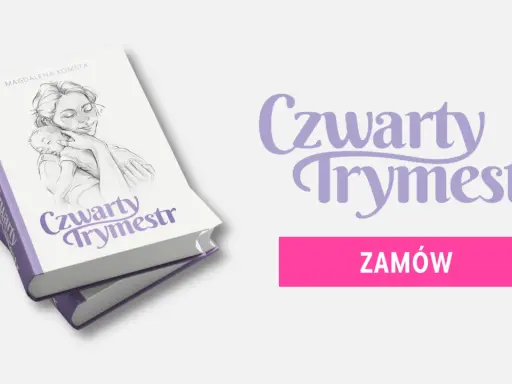 Okładka książki "Czwarty Trymestr" z rysunkiem matki tulącej dziecko. Obok tytuł i przycisk "Zamów".