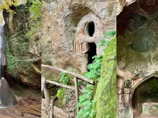 Cascata e grotte scavate nella roccia, tra cui un'antica cappella affrescata, nel suggestivo eremo di Poggio Conte.
