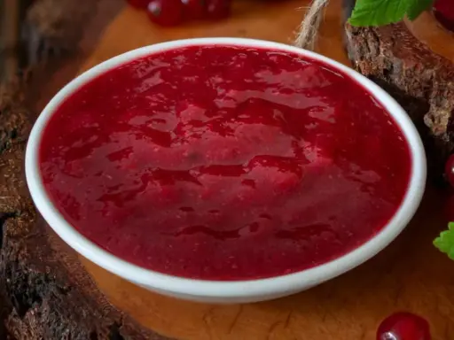 Eine Schüssel mit leuchtend roter Cumberland Sauce, umgeben von frischen Johannisbeeren und grünen Blättern.