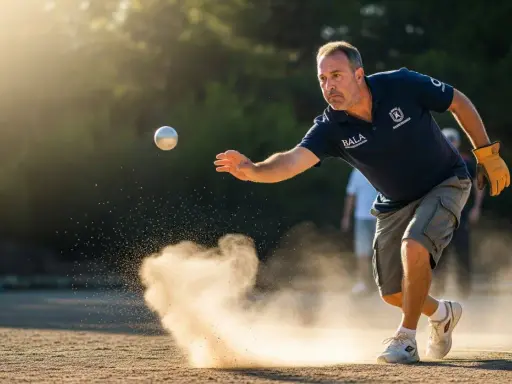 Un homme concentré est en pleine action, tirant avec des petites boules sur un terrain poussiéreux. La lumière dorée du soleil illumine la scène.