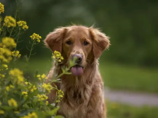Piękny pies rasy retriever z językiem na wierzchu, otoczony żółtymi kwiatami.