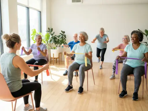 Grupa seniorów ćwiczy z gumami oporowymi, ciesząc się aktywnością w wieku geriatrycznym.