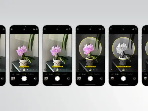 Sześć ekranów iPhone'a z różnymi efektami oświetlenia portretowego, w tym tryb nocny.
