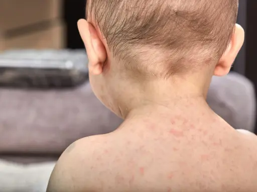Skóra dziecka pokryta drobnymi, czerwonymi krostkami. To typowa wysypka po trzydniówce, która pojawia się po ustąpieniu gorączki.
