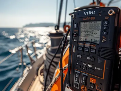 Radio VHF marine en action sur un voilier, assurant la communication en mer.