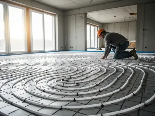 Un ouvrier installe un réseau de tubes pour un plancher chauffant électrique. Il est essentiel de bien comment tester un plancher chauffant électrique avant de couler la chape.