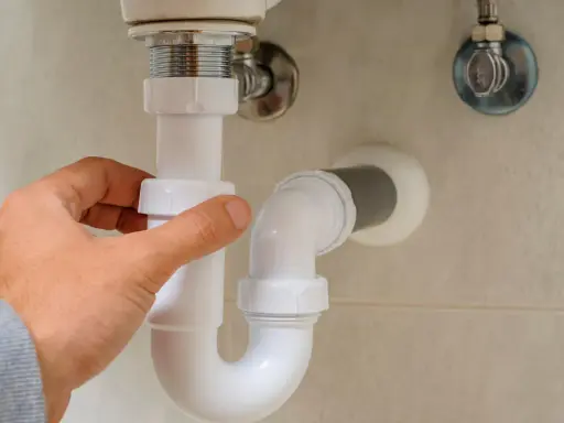 Mano ajustando la altura del desague del lavabo, tubería blanca de PVC bajo el lavamanos.