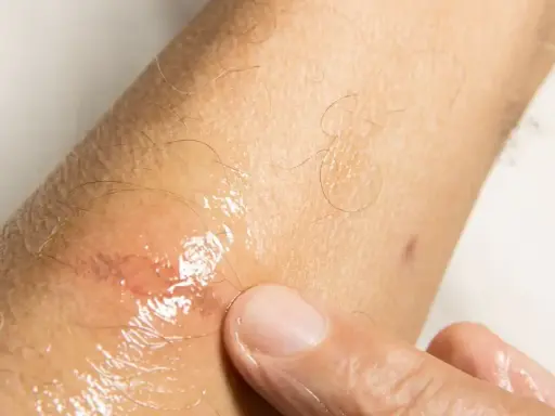 Dito, un dito preme su una lesione cutanea umida e arrossata, forse causata da sudare sempre.