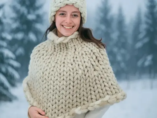Lucila sonríe, abrigada con un poncho tejido grueso y un gorro, en un bosque nevado.