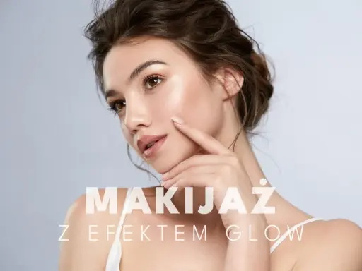 Kobieta z makijażem podkreślającym naturalny glow. Delikatny dotyk palcem podkreśla promienność cery.