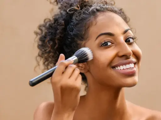 Donna sorridente applica il fondotinta con un pennello. La sua pelle luminosa è il risultato di cosmetici nichel free.