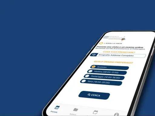 App per prenotare visite mediche, con opzioni per ecografia addome e scelta orario. Esempi di poliptoto nella scelta dell'orario: Mattina, Pomeriggio, Sera.