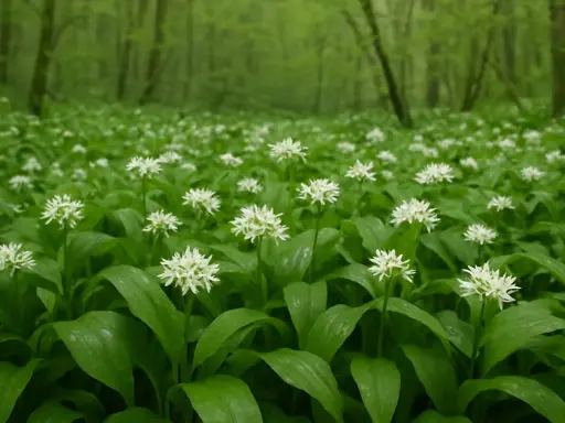 Champ de fleurs blanches d'ail des ours, annonçant la saison. La forêt verdoyante en arrière-plan crée une atmosphère paisible.